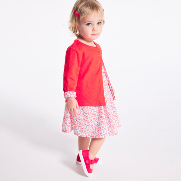 فستان بحمالات وبطبعة رسومية وسروال داخلي، باللون الأحمر، للفتيات الصغيرات